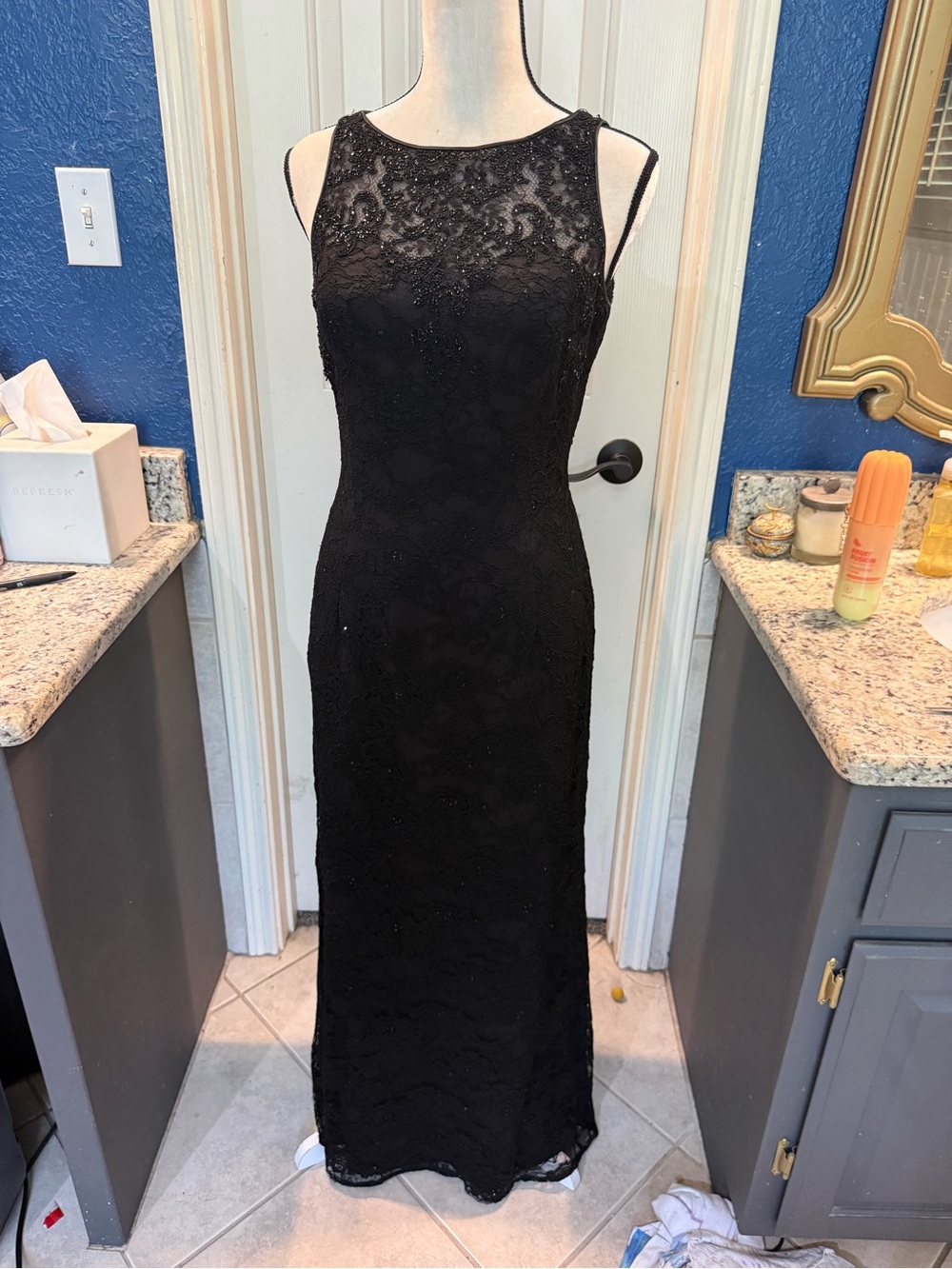Carmen Marc Valvo Black Beaded Lace Evening Gown